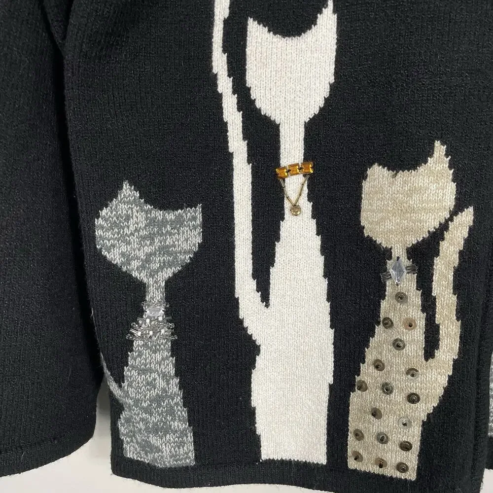 VTG Allison Daley Beaded Cat Sweater Size PL Black Full Zip Cardigan Fun Classic - Picture 6 of 16